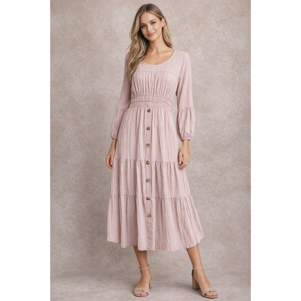 Mimi + Daphne Textured‎ Midi Dress Large Blush Pink Button Front Long Sleeve